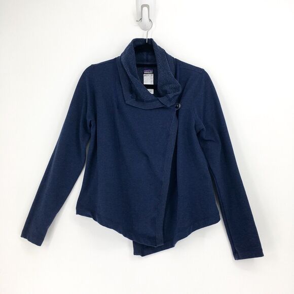 PATAGONIA Women XS At Sea Wrap Navy Blue Sweater Cardigan Mock Neck Long Sleeve - Picture 1 of 6